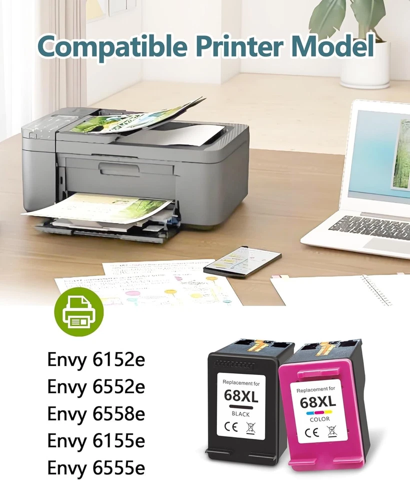 68XL High Yield Ink Cartridges Combo Compatible with HP Envy 6555e 6552e 6155e - Image 2 of 4