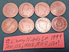 8pc Liberty V Nickel 5cent Lot 1899, 1901,02, 1911x2 1912-D, 12 &1 Unreadable