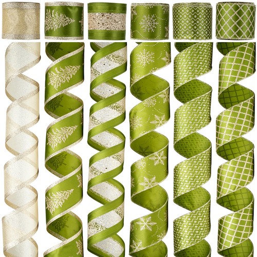 Olive Green Christmas Ribbon Wired 2.5 Inch, 6 Rolls 36 Yards Green and Gold ...