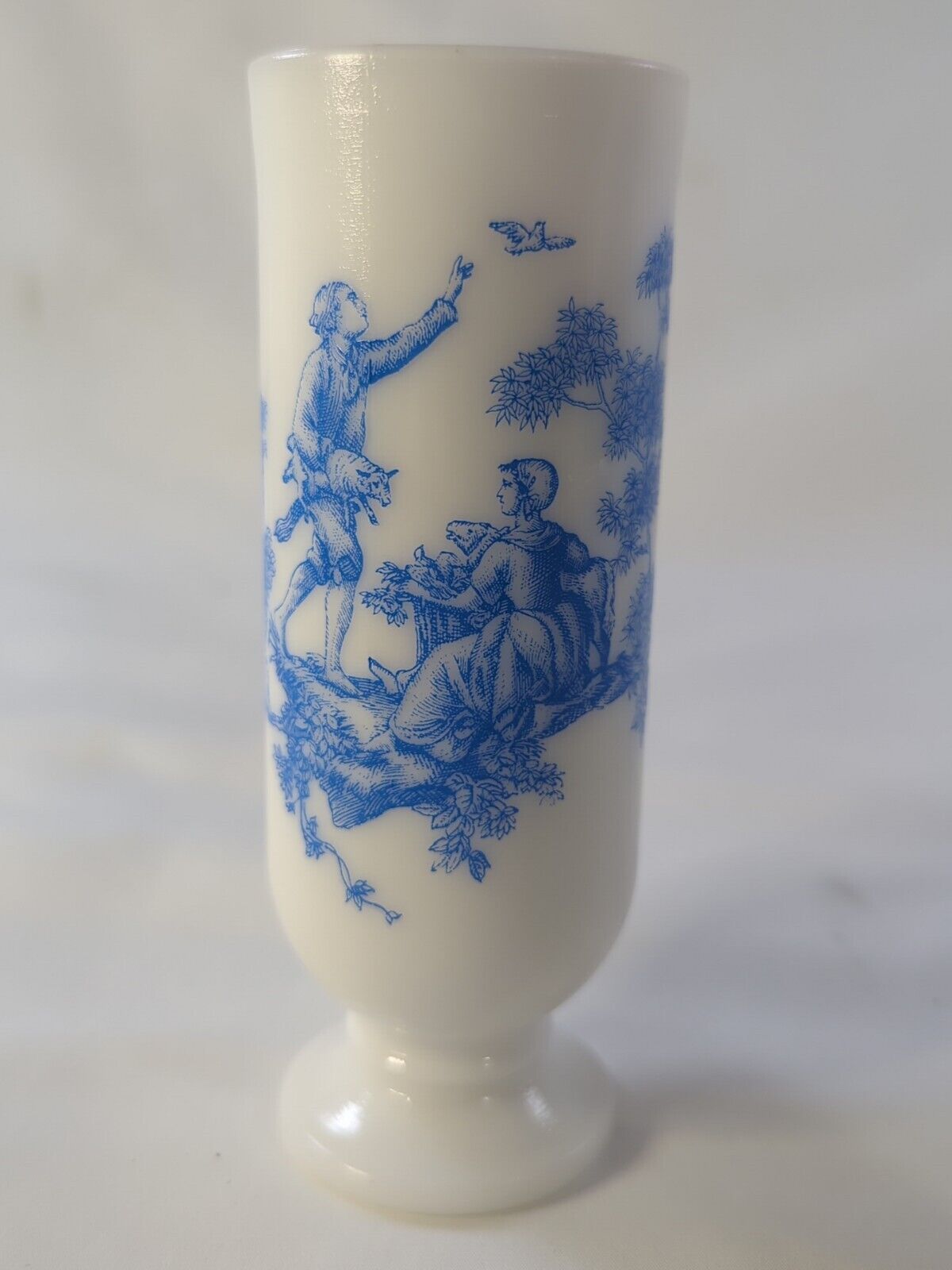 Vintage 5" Milk Glass With Blue Toile Victorian Design Footed Demitasse Cup Avon