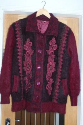 Vintage 80er Classics weinrot flauschig weich Angora gefüttert Strickjacke Jacke Gr. L - Bild 1 von 4