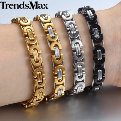 8mm Mens Silver Gold Plated Stainless Steel Flat Byzantine Chain Bracelet 7-11''