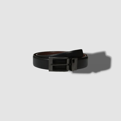 $50 Perry Ellis Men Black Brown Leather Reversible Texture-Buckle Dress Belt 34