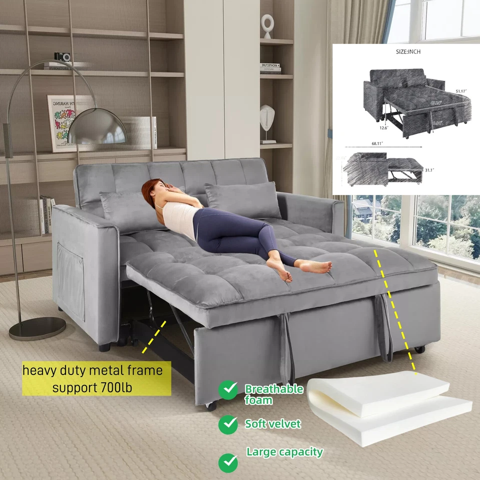 Soft Velvet High Density Foam Sofa Bed Pull Out Couch Bed Metal Frame Wood Leg - Image 3 of 4