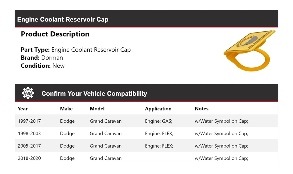 For 1997-2020 Dodge Grand Caravan Dorman Engine Coolant Reservoir Cap 1998 1999 - Image 2 of 4