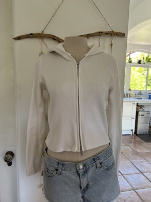 White Cotton Ribbed Knit Cropped Hoodie 
