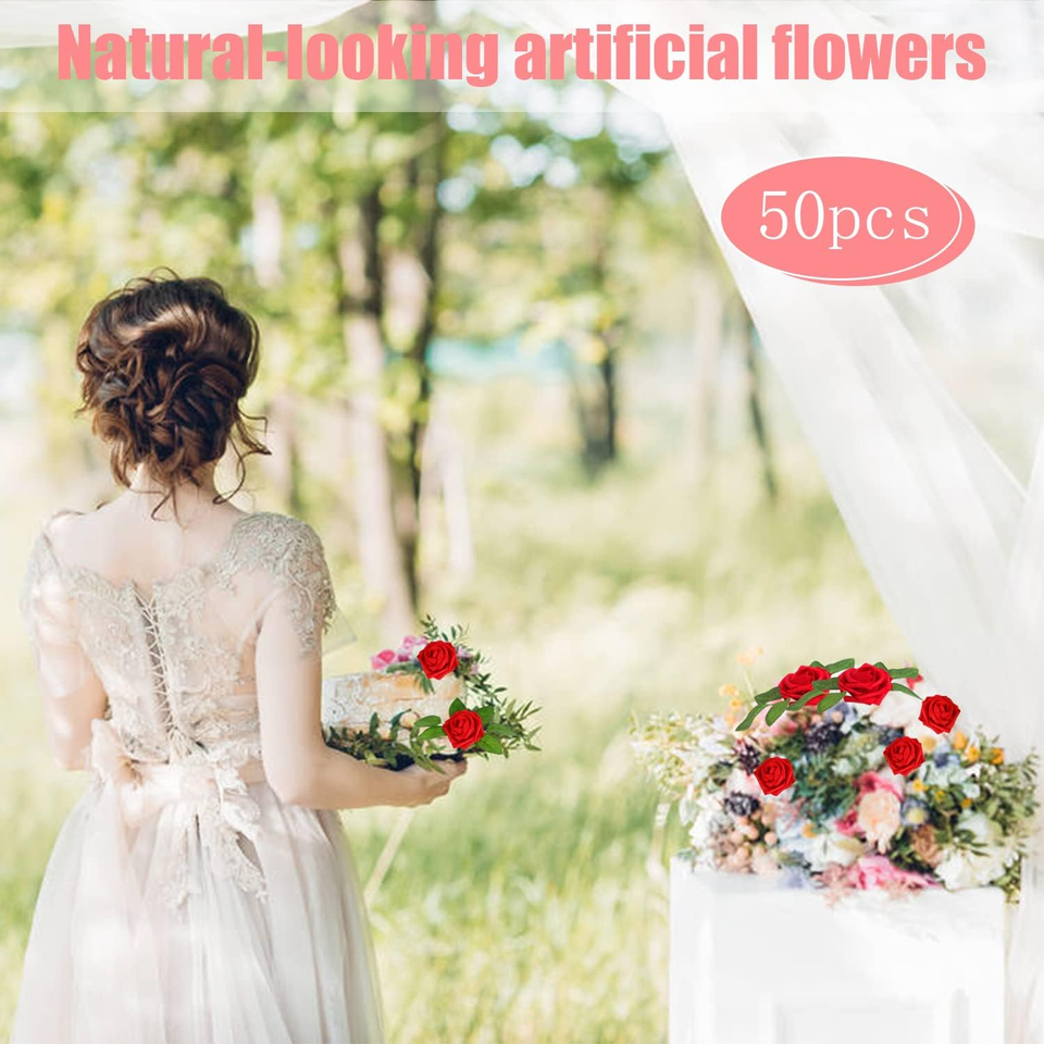 Artificial Rose Flowers, 50 PCS Foam Red Roses Flowers Real Looking