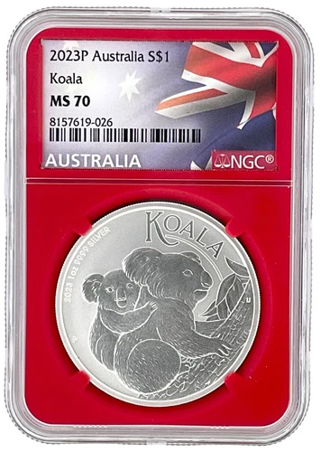 2023 Australia 1oz Silver Koala NGC MS70 - Red Core - Flag Label