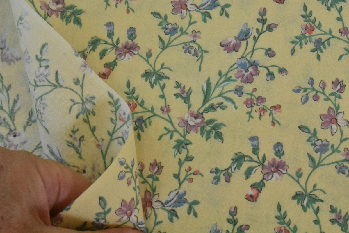 By 1/2 Yd, Vintage, Pink Blue & Green Floral on Yellow Cotton