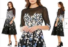 Mac Duggal Black Multi Floral Appliqué Midi Cocktail Dress 12 $598