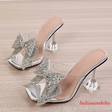 Women Transparent Slippers Crystal Bowknot High Heel Slides Summer Sandals Shoes