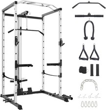 Power Cage Power Rack with J-Hooks Dip Handles Pulley System for Home Gym