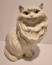 Vintage White Ceramic Persian Cat Sitting Statue 14” Blue Eyes Glossy Lifesize