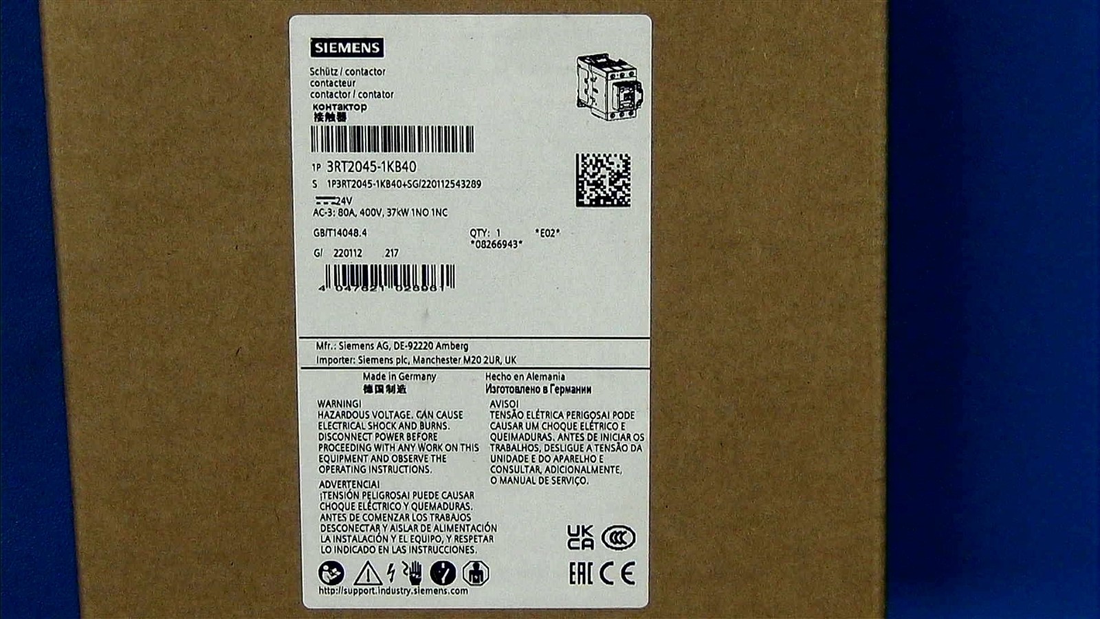 SIEMENS 3RT2045-1KB40 power contactor, 37 kW / 400 V, 3-pole, 24 V DC
