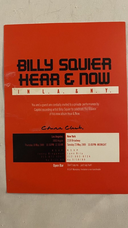 vintage Billy Squier Here & Now album release party invite