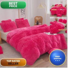Xege Plush Faux Fur Duvet Cover King Size Luxury Shaggy Fluffy Hot Pink