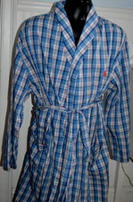 POLO RALPH LAUREN PLAID COTTON BATHROBE BLUE RED WHITE LIGHTWEIGHT LOGO NEW WOT