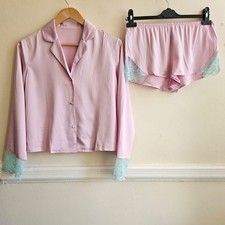 Boux Avenue Pink Shirt & Short Aqua Lace Trim Pyjama Set Boudoir Sleepwear