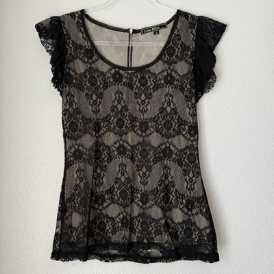 Vintage Women's Y2K Black Lace Top Size Large Coquette Fairy Goth Dark Vamp