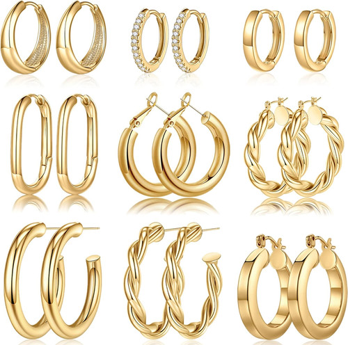 9 Pairs Gold Hoop Earrings for Women 14K Real Gold Plated Chunky Hoop Earrings S