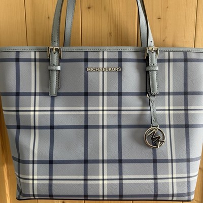 Michael Kors Jet Set Large Printed Signature Logo Tote Bag Light Sky Plaid