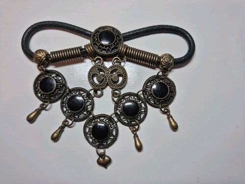 Vtg Antique Boho Black Leather Brass & Metal Hair Jewelry Barrette Tibetan Look 
