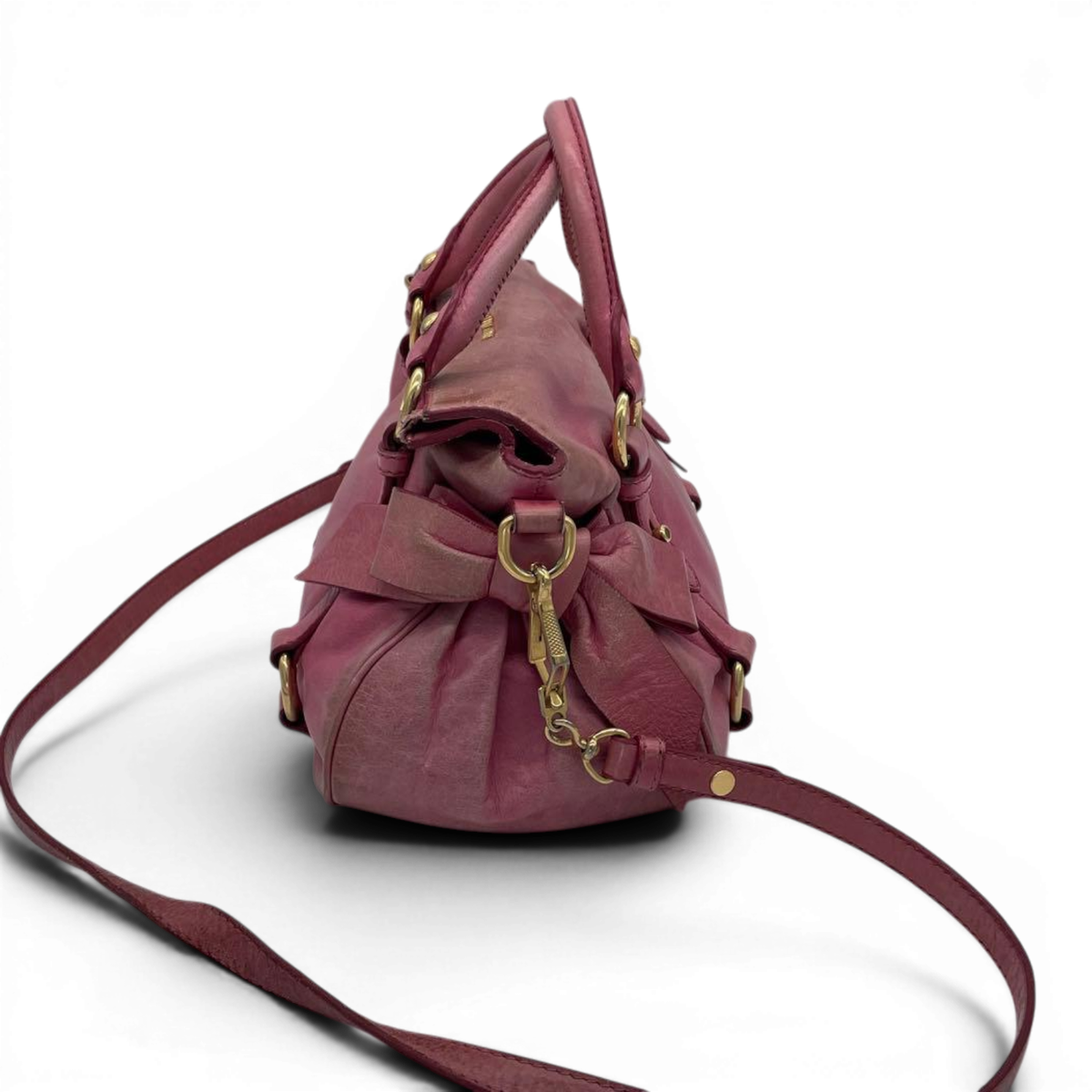 Miu Miu Vitello Lux Mini Bow Bag Pink 2way Shoulder Handbag 