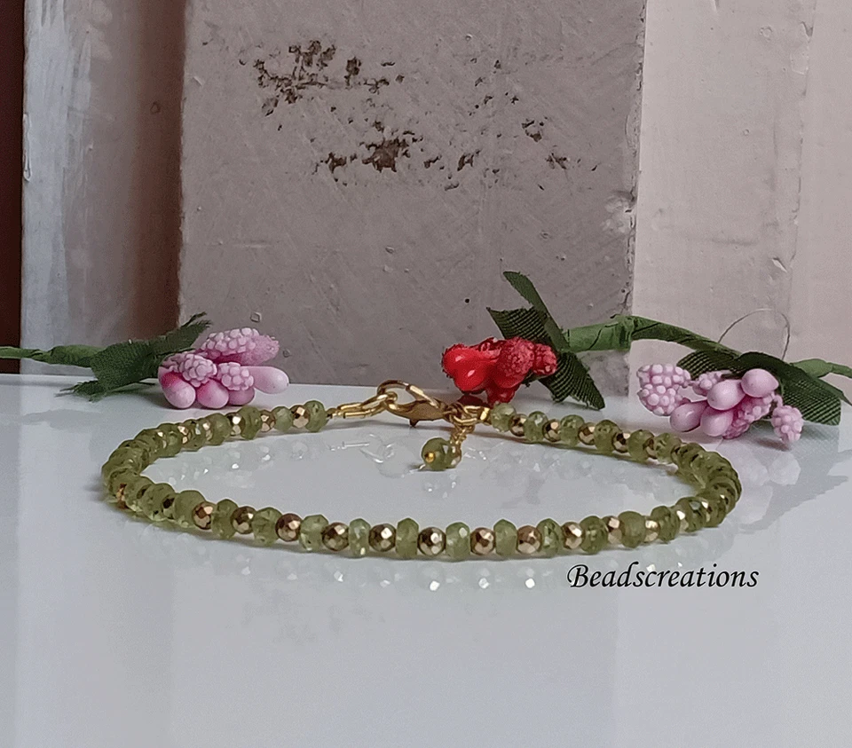 Natural Green Peridot Beads Golden Pyrite Faceted Rondelle Bracelet Gift Her - Image 4 of 4