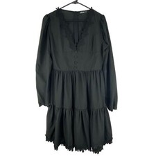 Chic Me Black Goth Long Sleeve Sheer Lightweight Lace Hem Dress Size Small