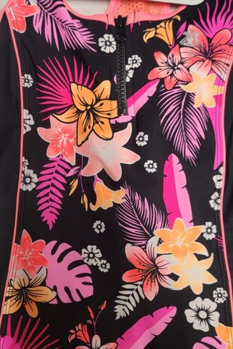 NWT GIRLS ZEROXPOSUR 14 L BLACK HAWAIIAN NEON ORANGE ZIP MESH 1 PC SWIMSUIT - Picture 3 of 9