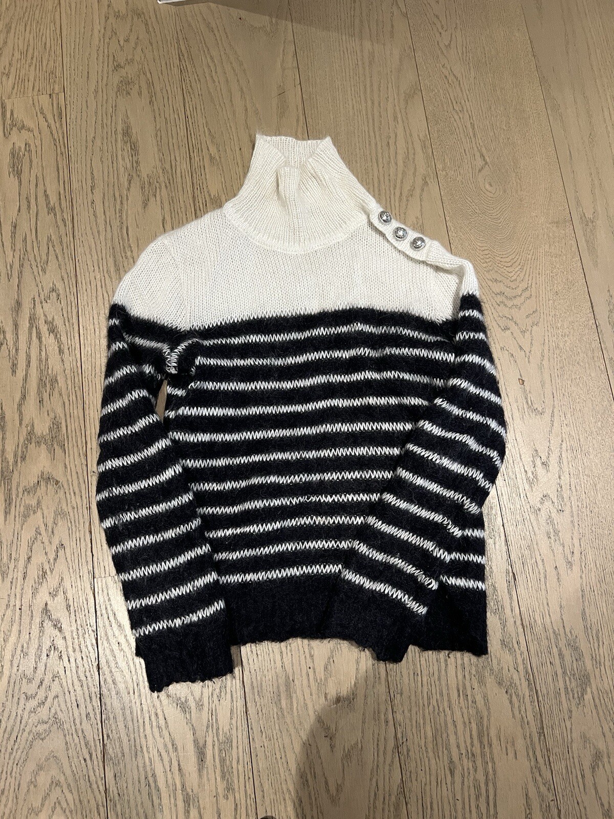 BALMAIN WOOL ALPACA BRETON STRIPE TURTLENECK BLUE WHITE RRP £1195