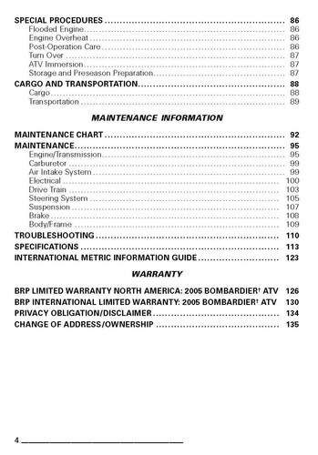 Bombardier CanAm Owners Manual 2005 OUTLANDER 400 H.O. Standard & XT - Picture 4 of 12