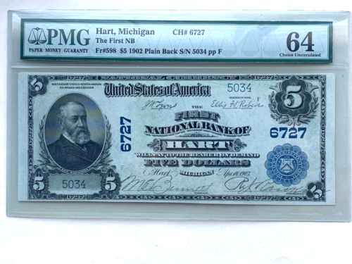 1902 5 $ First National Bank HART Michigan - dos plat PCGS 64 choix once - Photo 1/2