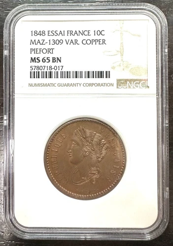 Frankreich - 10 Cent Probe Piefort Kupfer 1848 - NGC MS65 Bn Top Einwohner