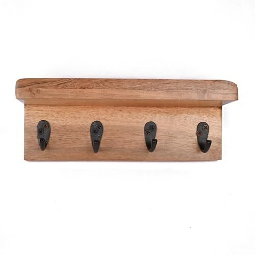 Acacia Wood Rustic Key Holder for Wall Farmhouse Wall Shelf with 4 Hooks for