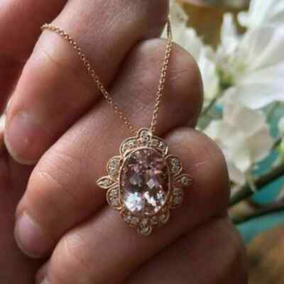 2Ct Oval Cut Morganite Diamond Halo Pendant Necklace 14K Rose Gold Over