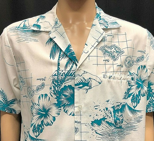 1970s Helenas Hawaiian Shirt Mens Large XL Islands Map Fish Surfer Aqua USA Vtg