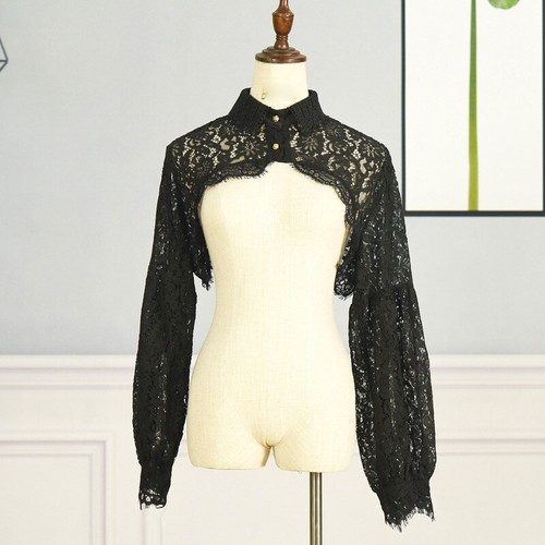 Donna Solido Pizzo Falso Colletto Crop Top Manica Lunga Forato Mezza Maglia Moda - Foto 4 di 14