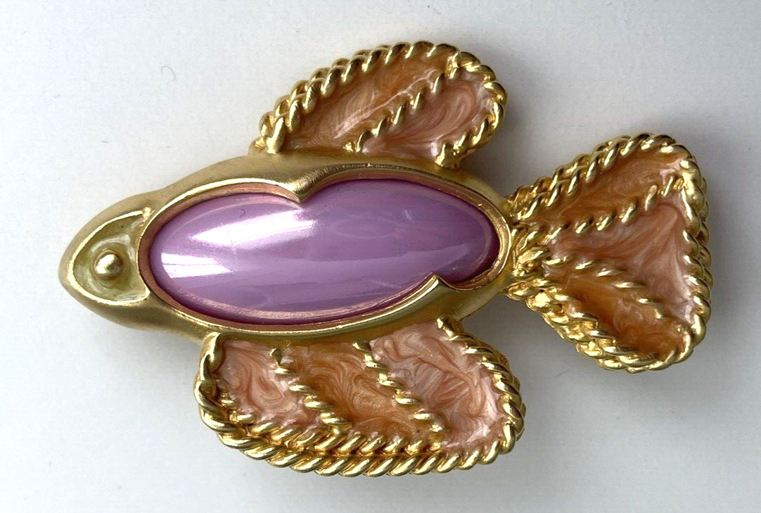 Vintage Jay Strongwater Gold Pink Enamel Fish Pin - image 1