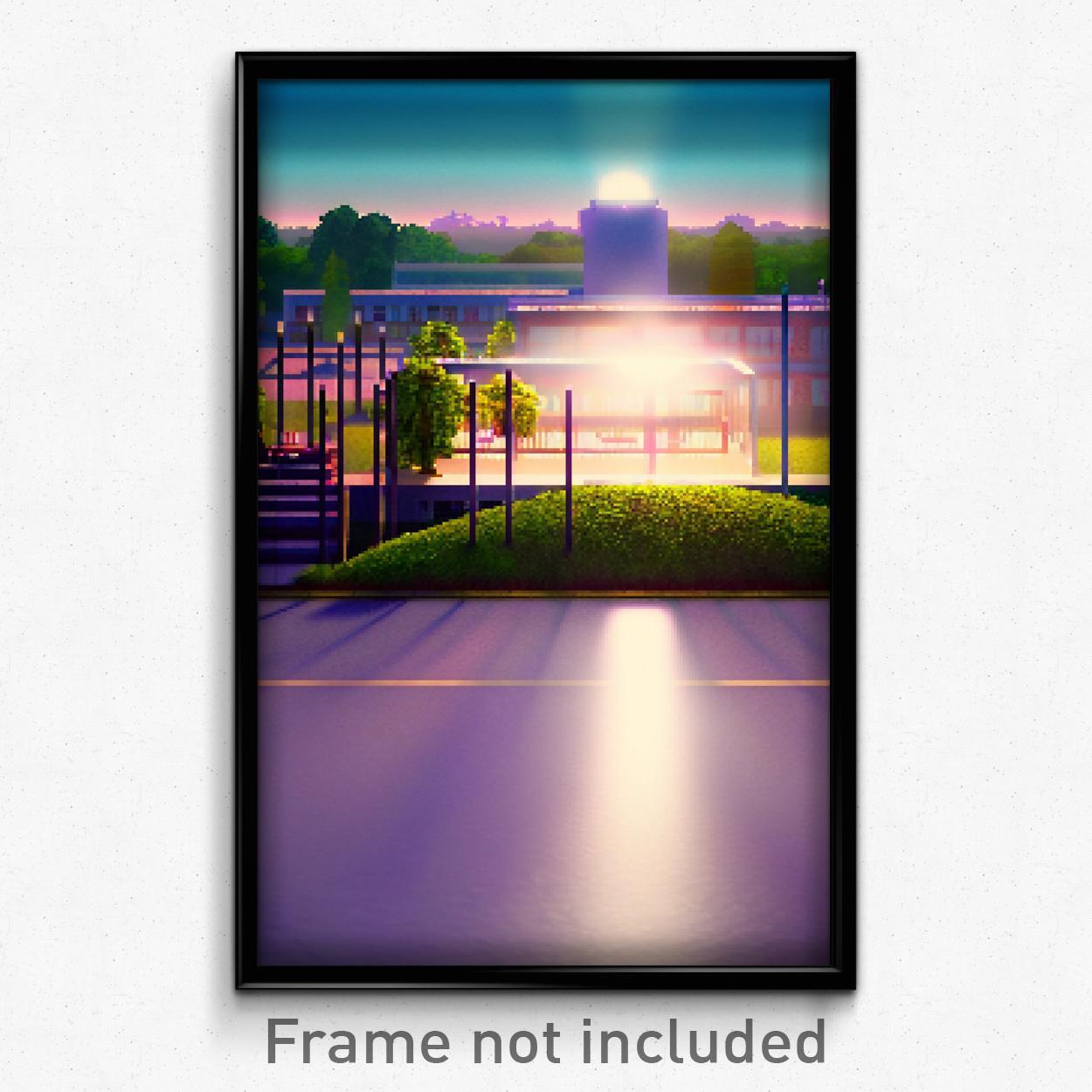 Pixel Art Poster - Distant School (8 Bit Psychedelic Trippy Video Game Print)