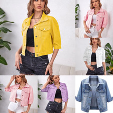 Jacket Denim Women's Cropped Jean Button 3/4 Sleeve Trucker Baggy Casual *sale*