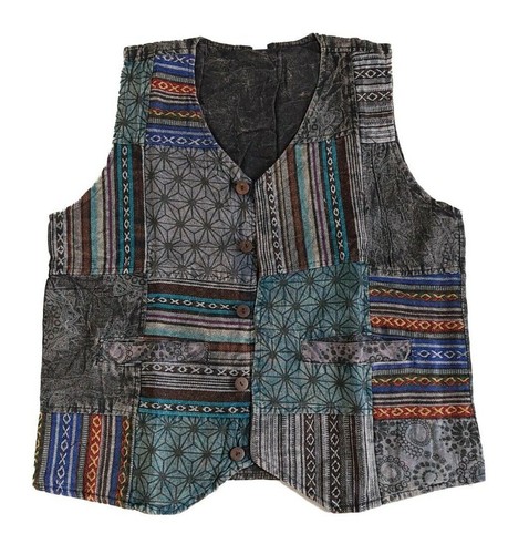 Mens Black Vest Patch Hippie Boho Festival Washed Handmade Ethnic Colourful Fun - Picture 2 of 13