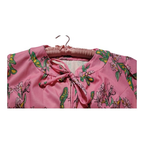 Vtg Pink Mod Green Butterfly Dress 60s 70s Poly Floral Shift Front Zip M/L ? - Picture 5 of 22