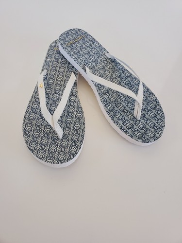 Tory Burch Flip Flops Slippers Women White Blue Geometric Pattern Slip On Sz 6.5 - Picture 6 of 15