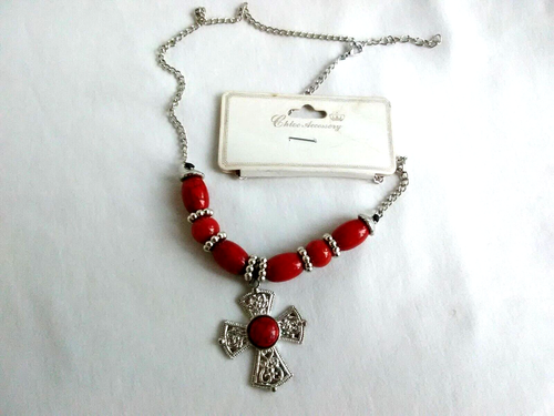 24" Religious Christian Beaded Cross Pendant Necklace Silver Tone - Picture 2 of 6