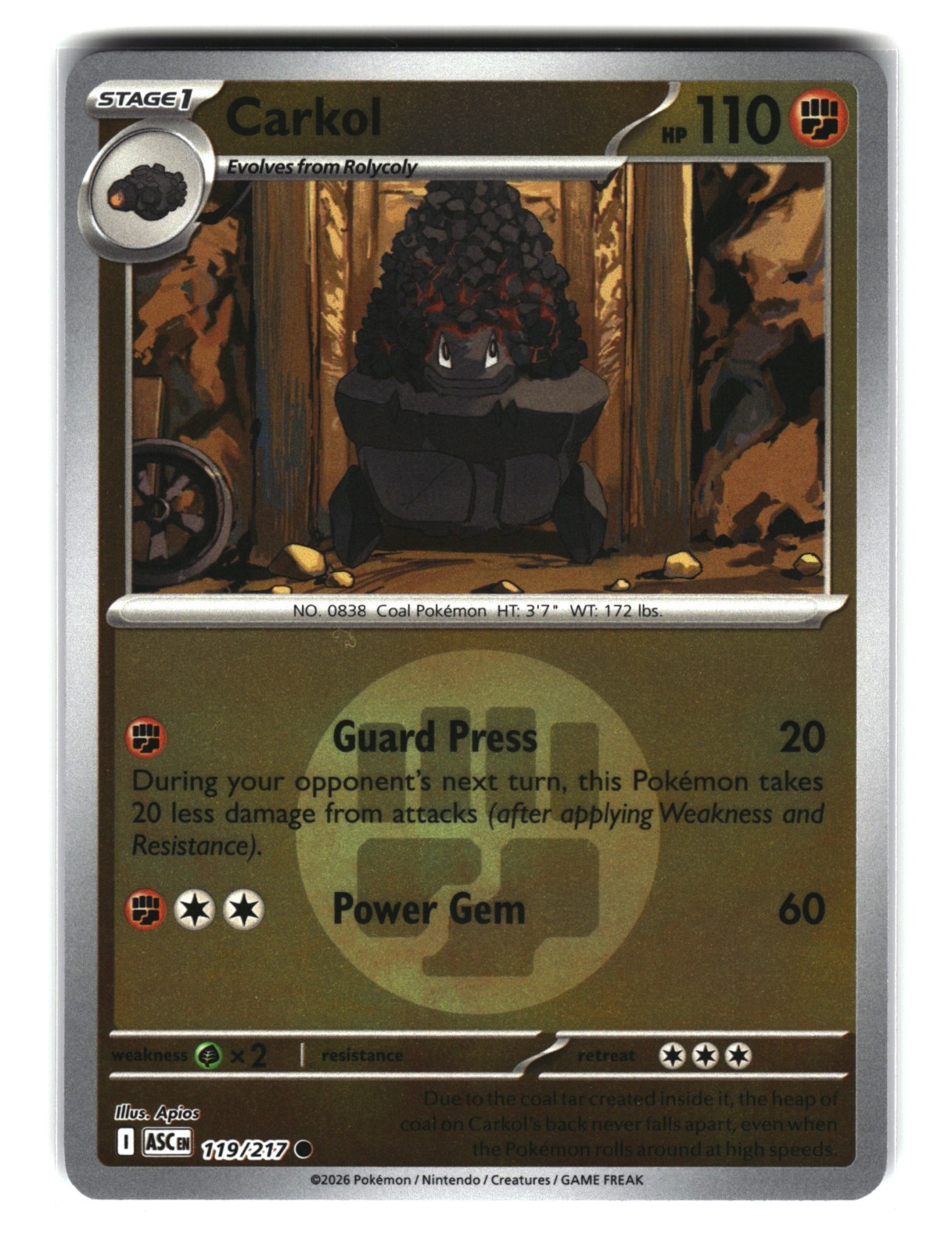 Carkol 119/217 Reverse Holo Pokemon Card 