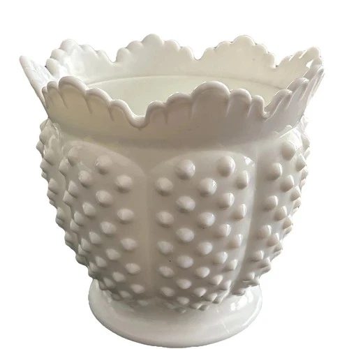 Vintage Fenton Milk Glass Hobnail Crown Top Jardinière 6" Flower Pot Vase