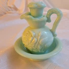 Vintage Avon Green/Teal Jade Swirl Milk Glass Decanter Pitcher Stopper and Bowl