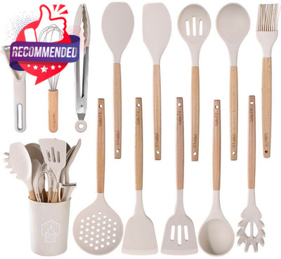 Silicone Kitchen Utensils 14 Piece Heat Resistant BPA Free Cooking Set Beige
