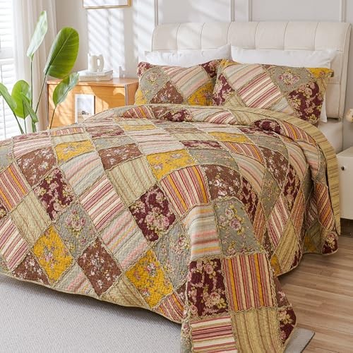 Floral Quilt Sets Bedspread Set 100% Cotton Patchwork Queen(92"x96") Brown - Bild 4 von 8